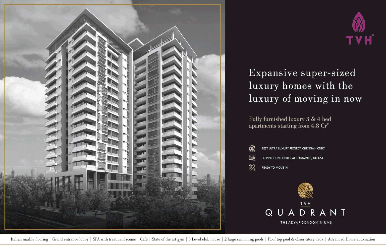 Book fully furnished luxury 3 & 4 bhk apartments at TVH Quadrant in Chennai